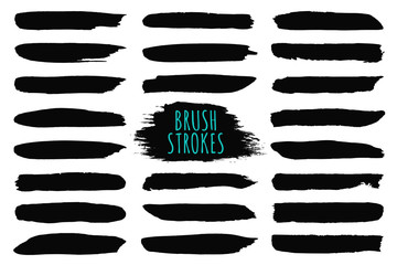 Brush strokes collection. Hand drawn brush strokes, black paint strokes and ink lines. Design elements, text boxes