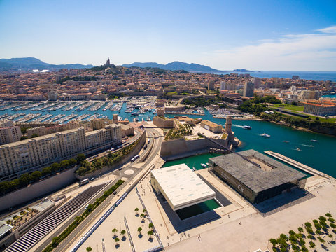 Aerial view of Marseille pier - Vieux Port, Saint Jean castle, and mucem in south of France