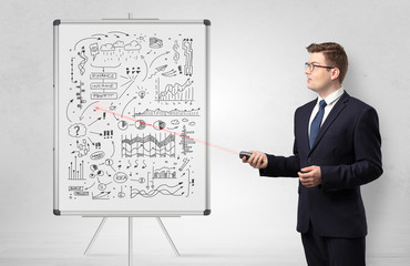 Professor with laser pointer teaching business theories  
