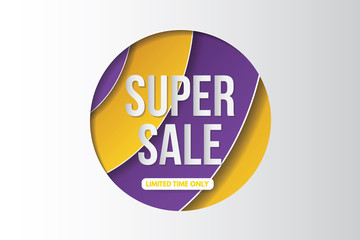 Super sale banner template design. Sale banner design with paper cut background. Abstract sale banner. Paper art and craft style.