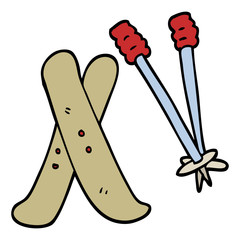 hand drawn doodle style cartoon ski and poles