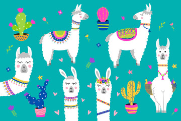 Set of cute alpaca. Hand drawn llama, cactus and flowers. 