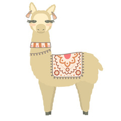 cute vector animal: Cartoon llama with decorative coverlet, earrings and collar