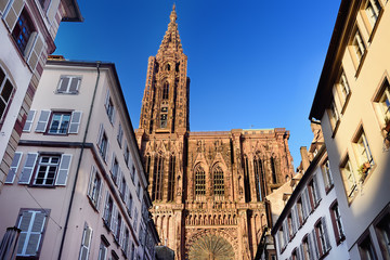 Beautiful Cathedral Notre Dame of Strasbourg in sunset light. Alsace, France