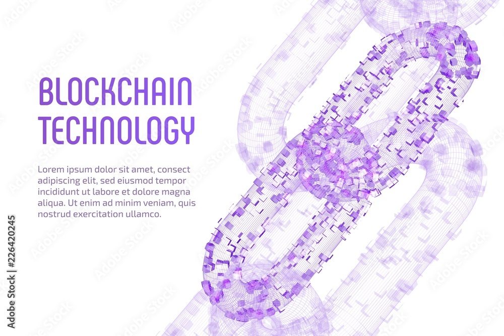 Poster block chain. crypto currency. blockchain concept. 3d wireframe chain with digital blocks. editable c