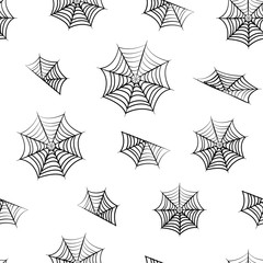 Seamless pattern with black spiderwebs on white background for Halloween. Vector illustration