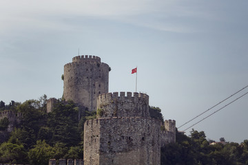 Close up view of Rumelihisari or Boğazkesen Castle (medieval fortress) in Istanbul. It is a sunny summer day.