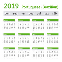 2019 Portuguese American Calendar. Week starts on Sunday