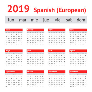 Calendar 2019 (Spain). European Spanish Calendar. Week starts on Monday