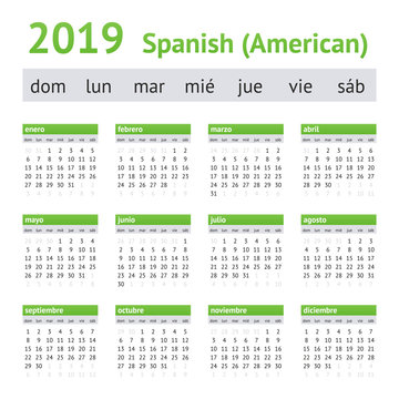 2019 Spanish American Calendar. A week starts on Sunday