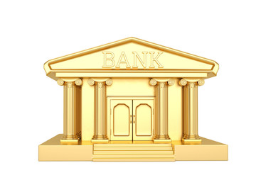 Golden bank building isolated on white background 3D illustration.