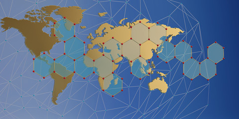 Financial concept background world map and hexagon 3D illustration .