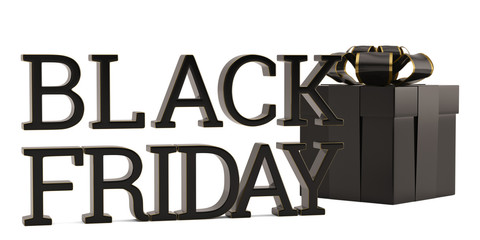 Black friday sale word and gift box isolated on white background 3D illustration.