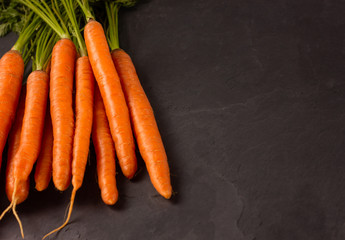 Bunch of raw carrots on dark background.