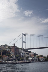 View of people walking by Bosphorus, FSM bridge and European side in Istanbul.