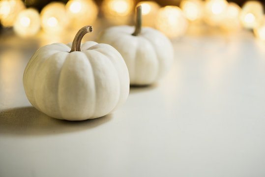 Pumpkins or white gourds. Fall or autumn festive background. Thanksgiving. Selective focus, copy space