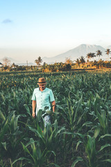 Fototapeta premium Young man traveler tourist in a straw hat on a volcano background at sunset time. Bali island. Indonesia.