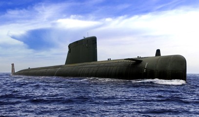 Naval submarine at  open sea 