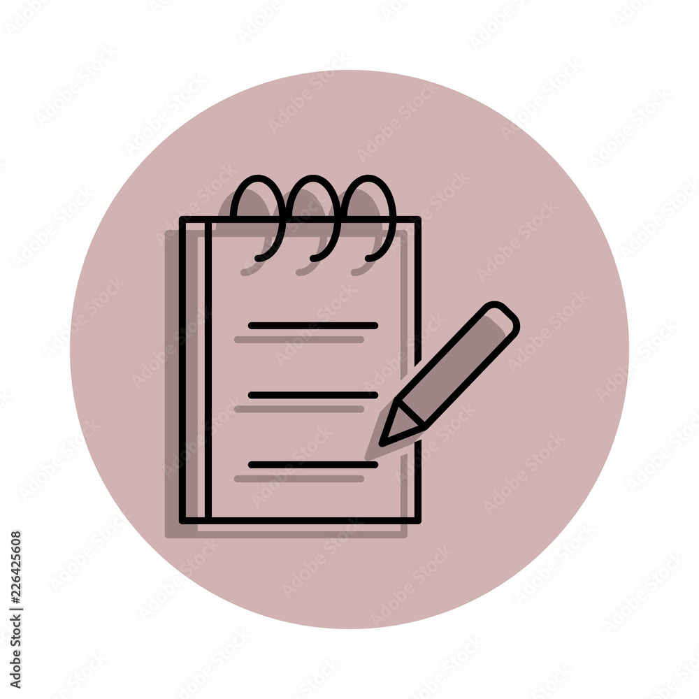 Poster notebook and pen icon in badge style. one of media, press collection icon can be used for ui, ux
