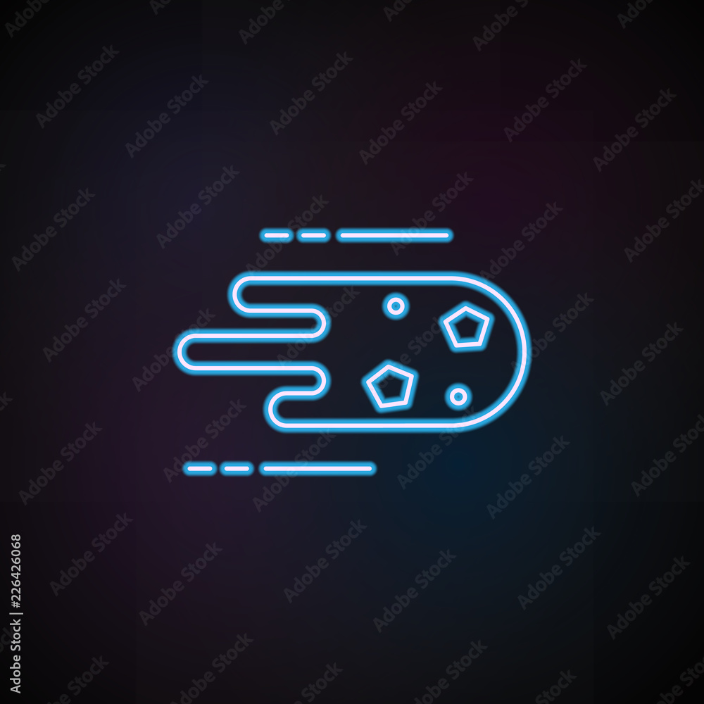 Poster flying meteorite icon in neon style. one of speed collection icon can be used for ui, ux