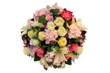 Artificial sphere of flower arrangement and decoration in ball shape isolated on white background...