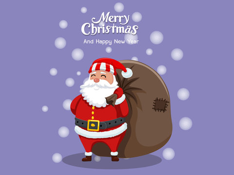 Merry Christmas and happy new year. Cartoon santa claus and decorative element. Vector Illustration.