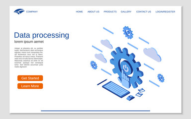 Data processing, cloud computing flat 3d isometric concept illustration. Website landing page vector template
