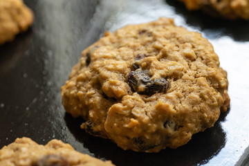 Closed up of tasty hot raisin cookies on black bake bowl, crunchy delicious dessert
