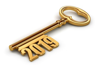 Gold 2019 key isolated on white background. 3d render illustrations.