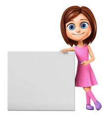 3d rendering. Cheerful girl in a pink dress points to an empty board.