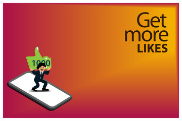 Get more like slogan with smartphone, businessman, and thumb icon