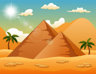 Desert background with pyramid and palm trees