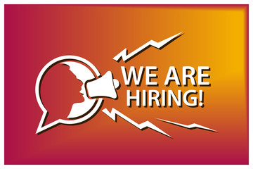 We are hiring with people and megaphone. Flat vector illustration on colorful background.