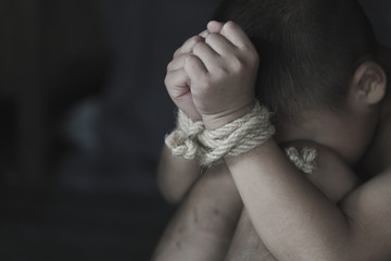 Stop Child Violence and Trafficking. Stop Violence Against Children, child bondage in angle image...