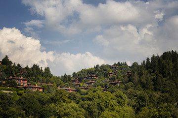 Fototapeta premium View of houses in the forest by Bosphorus on Asian side of Istanbul. It is a sunny / cloudy summer day.