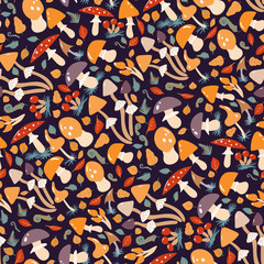 Seamless pattern with Forest mushrooms - vector outline hand drawn sketch. Collection of different mushrooms.
