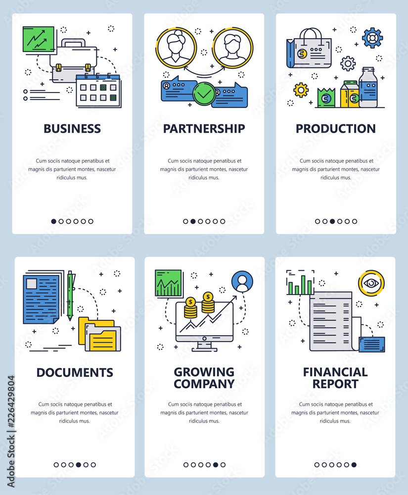 Poster vector web site linear art onboarding screens template. business partnership and financial icons. me