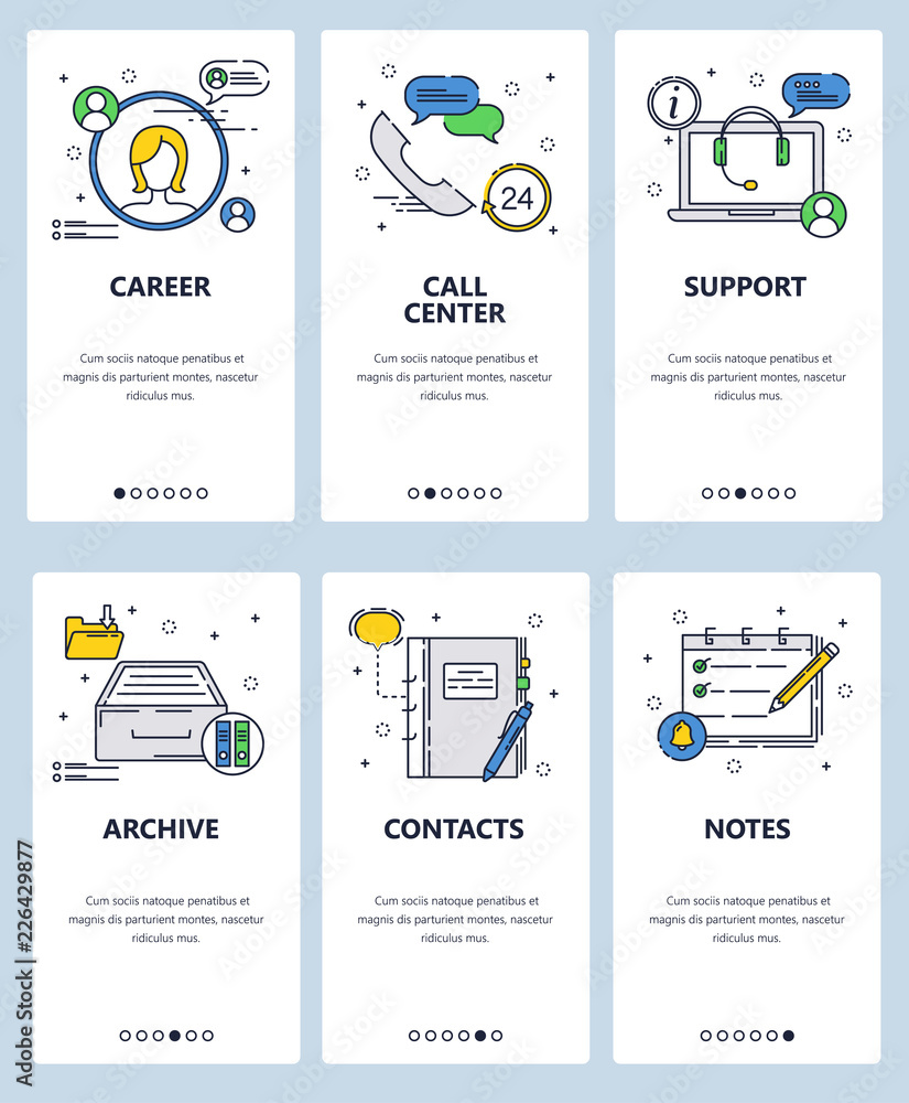 Poster vector web site linear art onboarding screens template. career, support call center icons. menu bann