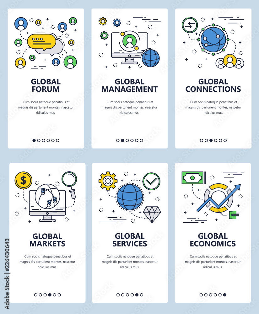 Poster vector web site linear art onboarding screens template. global forum and business networking. menu b