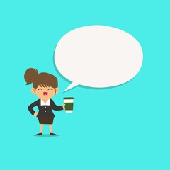 Flat design business Vector Illustration concept template copy space text for Ad website esp isolated 3d isometric. Female Human Wearing Uniform Holding a coffee To Go Cup and Speech Bubble