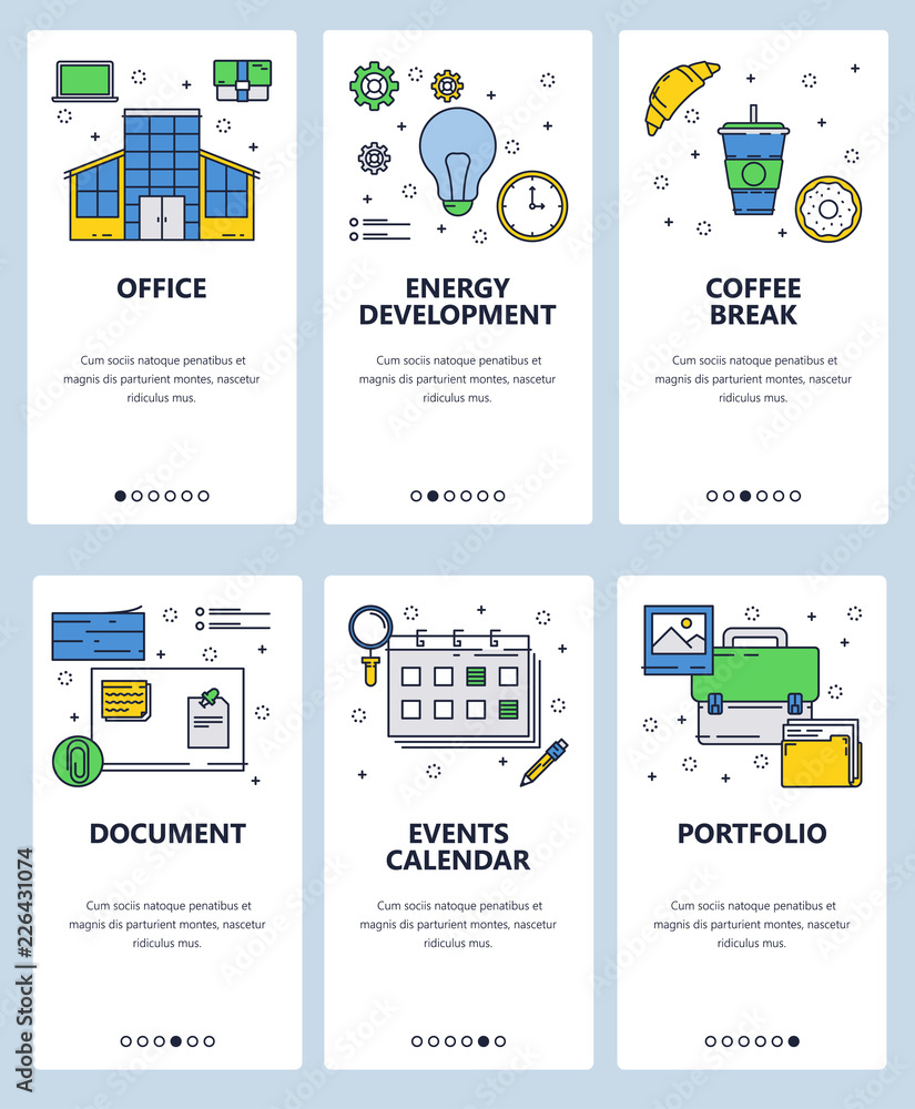 Poster vector web site linear art onboarding screens template. office and business icons. menu banners for 