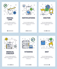 Vector web site linear art onboarding screens template. Healthcare and medical checkups, doctor, vitamins. Menu banners for website and mobile app development. Modern design flat illustration.