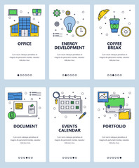 Vector web site linear art onboarding screens template. Office and business icons. Menu banners for website and mobile app development. Modern design flat illustration.