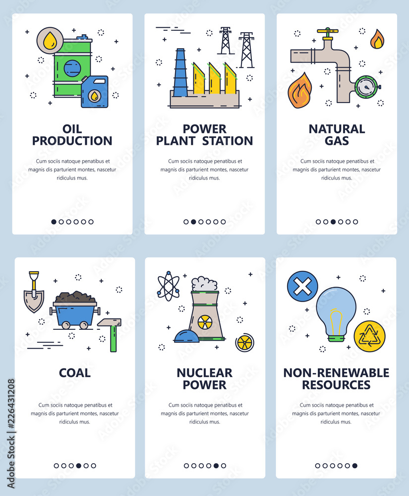 Poster vector web site linear art onboarding screens template. energy sources and power plants. nuclear, ga
