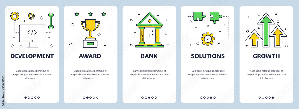 Wall mural vector web site linear art onboarding screens template. business, finance and development icons. men