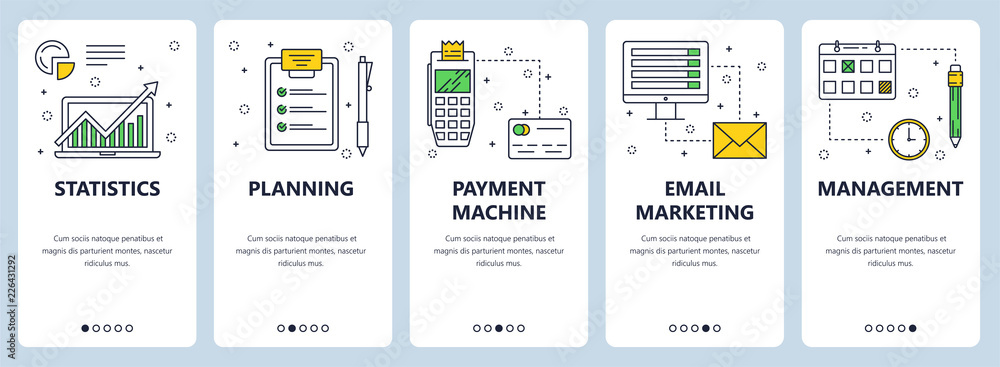 Poster vector web site linear art onboarding screens template. statistic, planing and marketing icons. menu