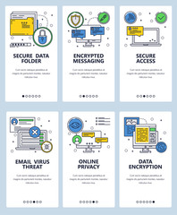 Vector web site linear art onboarding screens template. Cyber security and encrypted messaging app. Secure data and access. Menu banners for website and mobile app development. Modern design flat