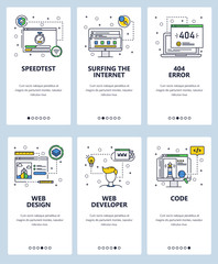 Vector web site linear art onboarding screens template. Internet web sites code and development. Menu banners for website and mobile app development. Modern design flat illustration.
