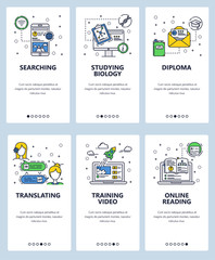 Vector web site linear art onboarding screens template. Online education and e-learning icons. Menu banners for website and mobile app development. Modern design flat illustration.