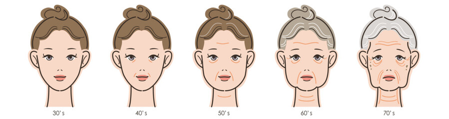 女性の顔、加齢による変化の過程。30代から70代まで